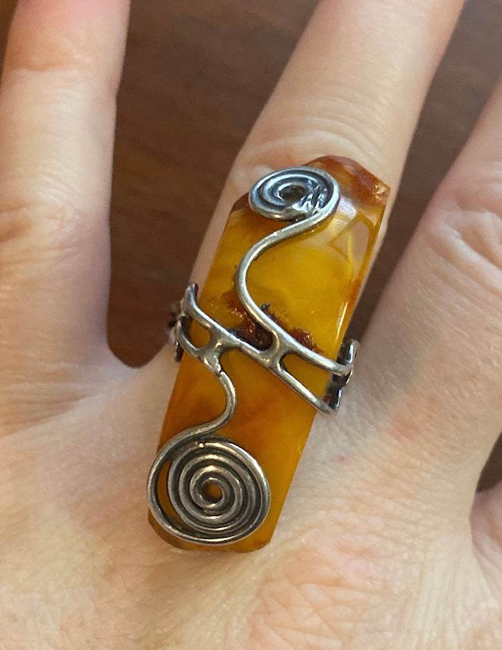 Massive Free Form Amber Wire Wrap Sterling Silver Ring Sz 7.75