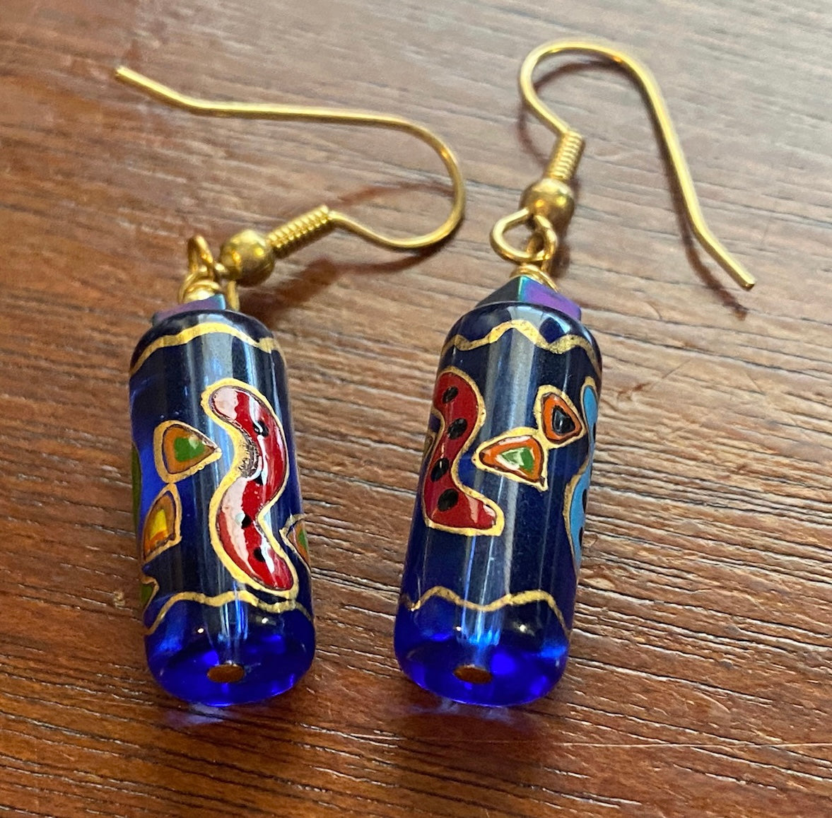 Vintage Cobalt Blue Glass Painted Art Drop Dangly Pierced Earrings