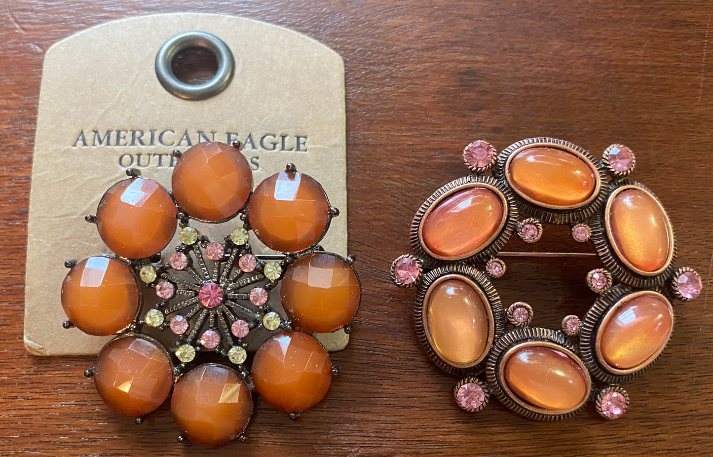 Set of 2 Matching Orange Coral Cabochon Rhinestone Brooch Pin