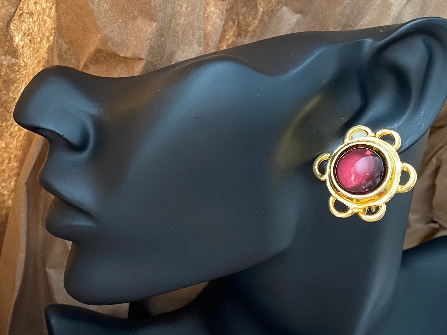 Vintage Gripoix Style Gold Tone Cranberry Purple Glass Clip On Earrings