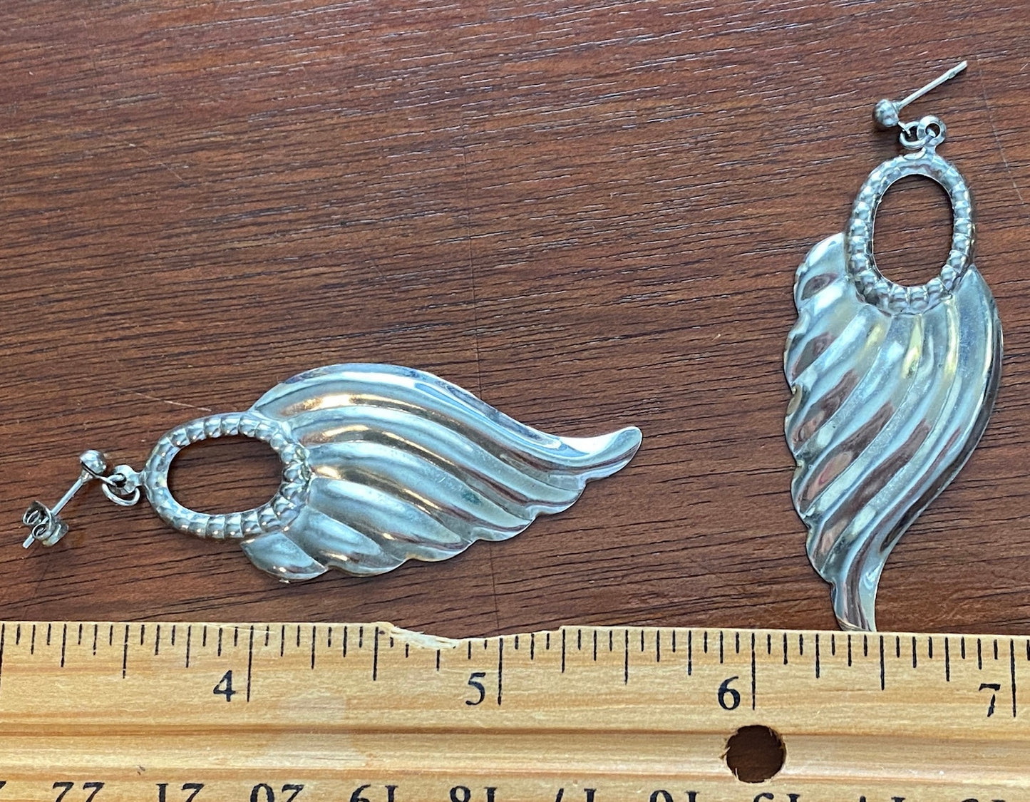 Silver Tone Metal Drop Dangly Wing Style Pierced Earrings