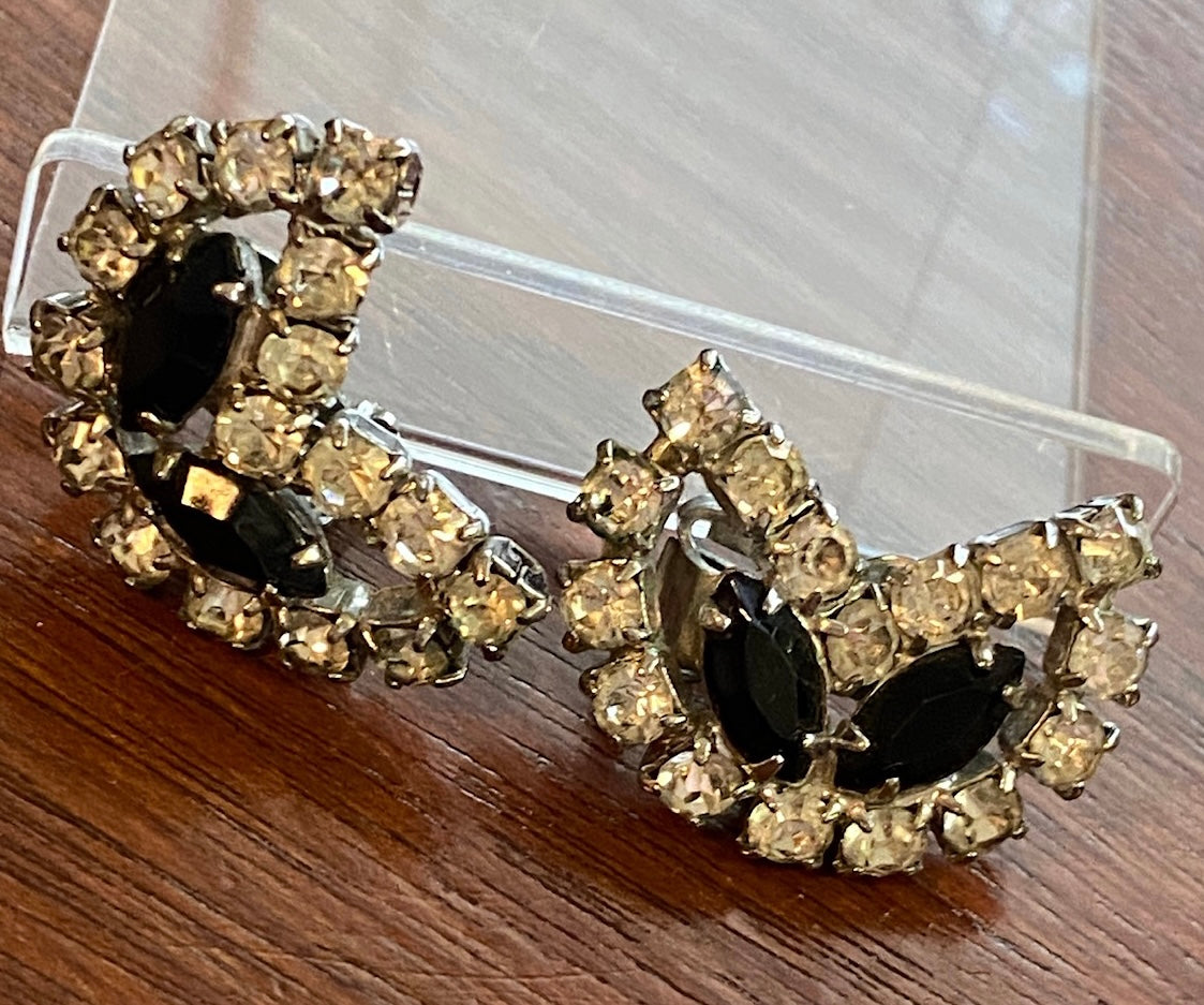 Vintage Black White Marquise Round Closed Back Rhinestone Clip on Earrings