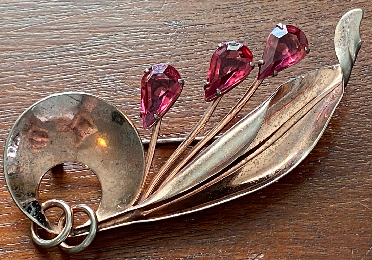 Vintage Large Sterling Silver Rose Gold Plated Pink Rhinestone Flower Brooch Pin