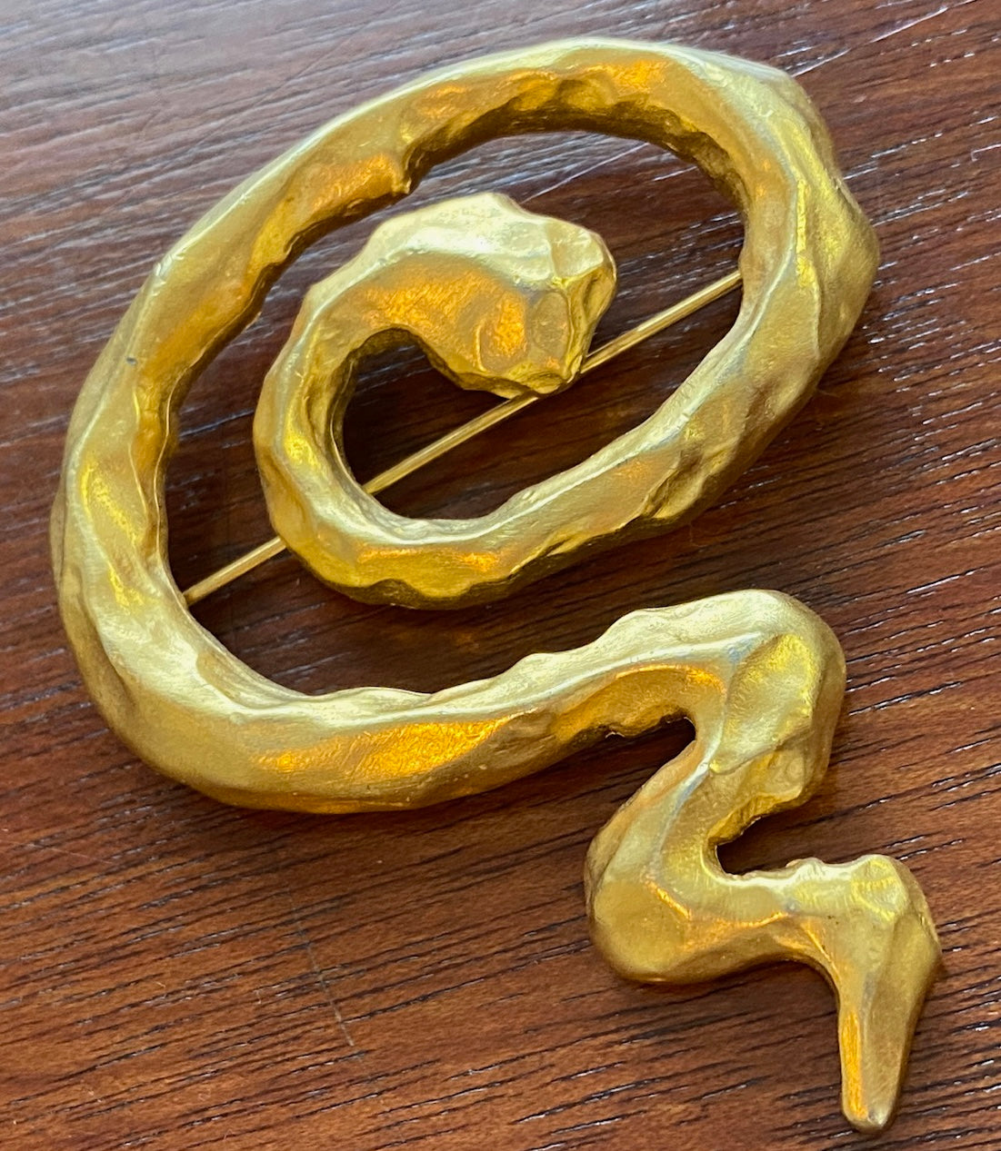 Vintage 80's Bruhsed Matte Gold Tone Modernist Large Coil Brooch Pin