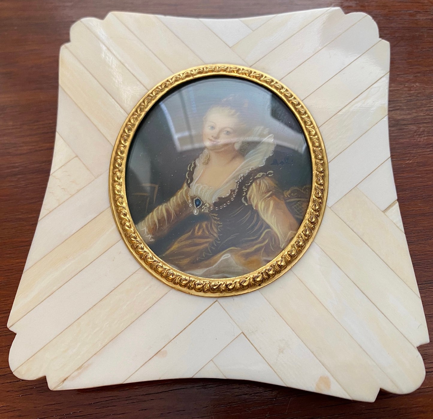 Antique Miniature A Study Fragonard Portrait Faux Ivory Bone Frame