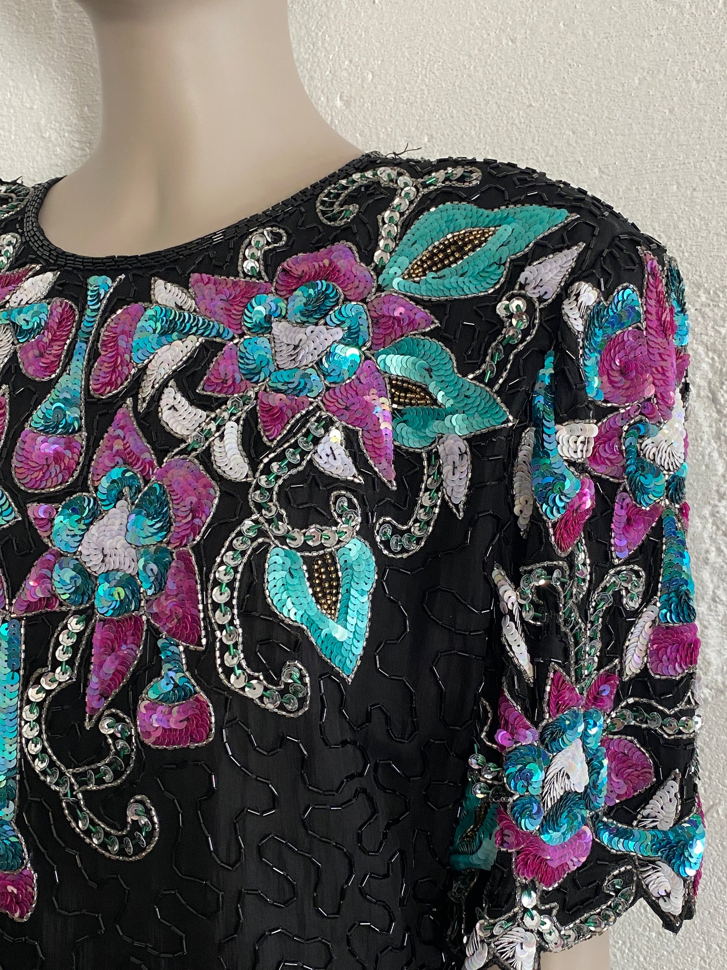 Laurence Kazar Pure Silk Petite XL Knee Length Dress Full Sequins