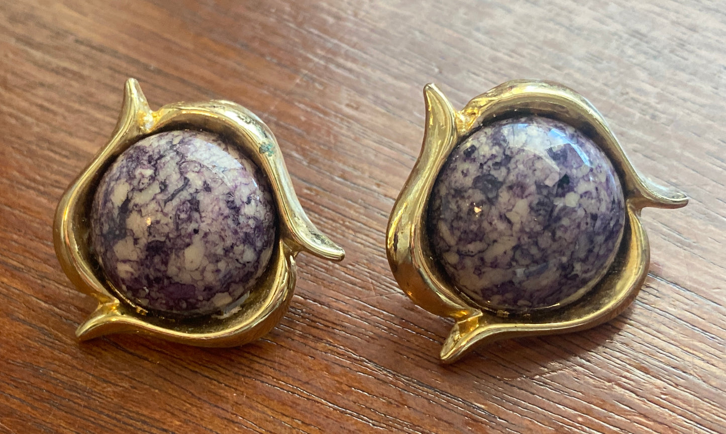 Vintage Gold Tone Marbled Faux Stone Pierced Earrings