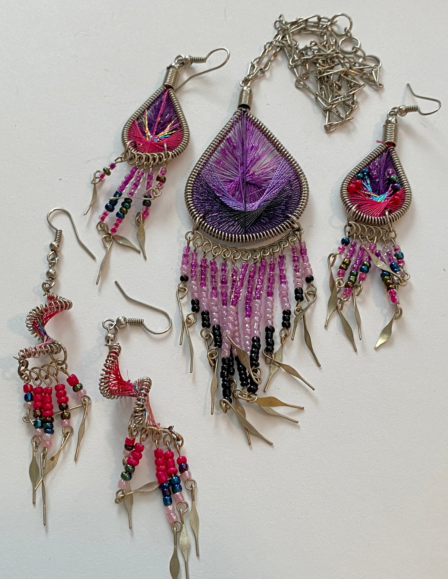 Feather Style Wire Bead Necklace Earrings Set Tassel Dangle