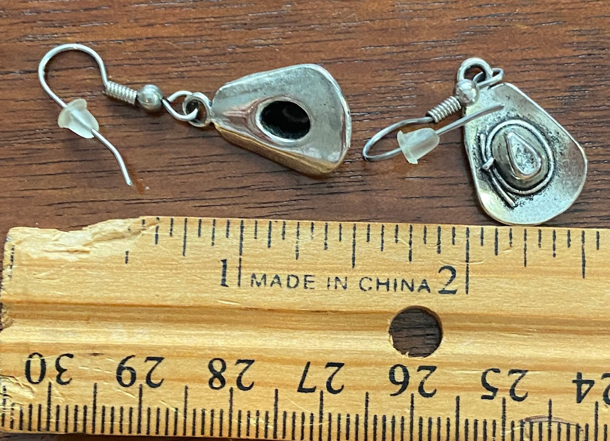 Silver Tone Metal Cowboy Hat Drop Dangly Pierced Earrings