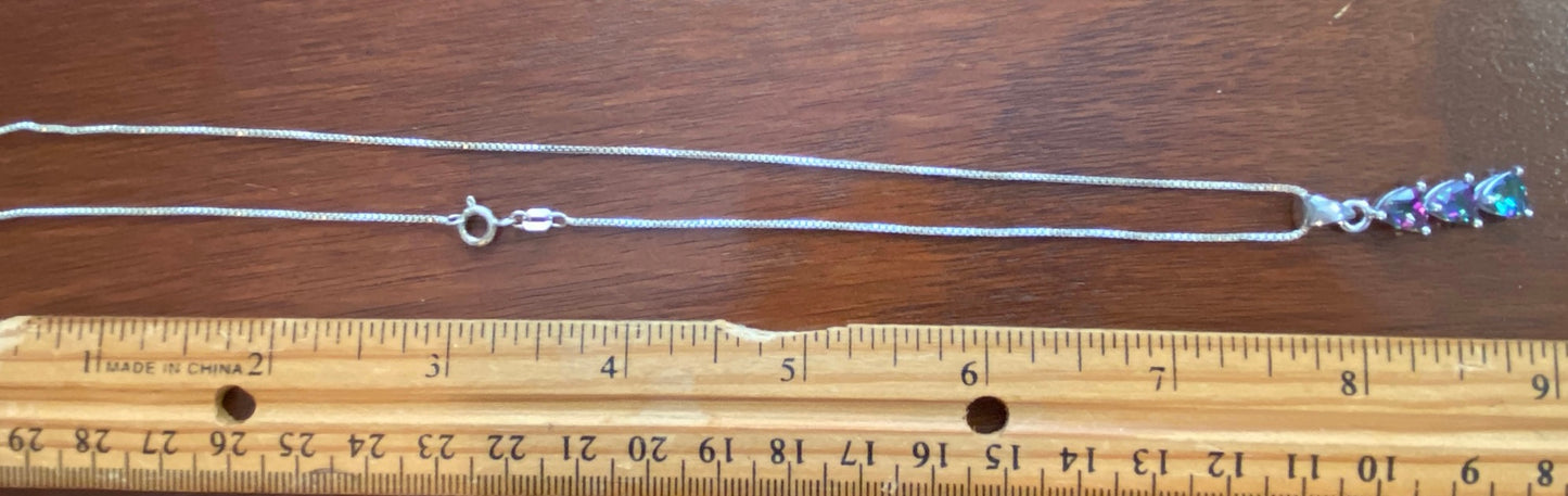 Sterling Silver Box Chain w AB Aurora Borealis Pendant Necklace