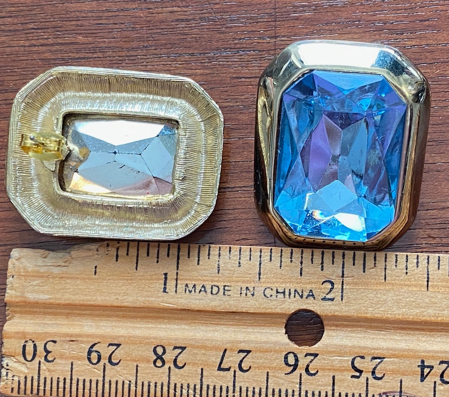 Massive Vintage 80's Gold Tone Faceted Blue Rhinestone Pierced Earrings