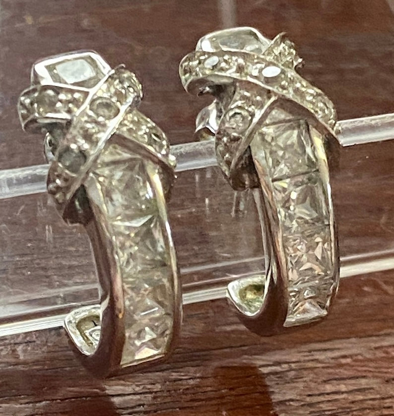 Sterling Silver 925 CZ Princess Round X Pattern Hoop Pierced Earrings