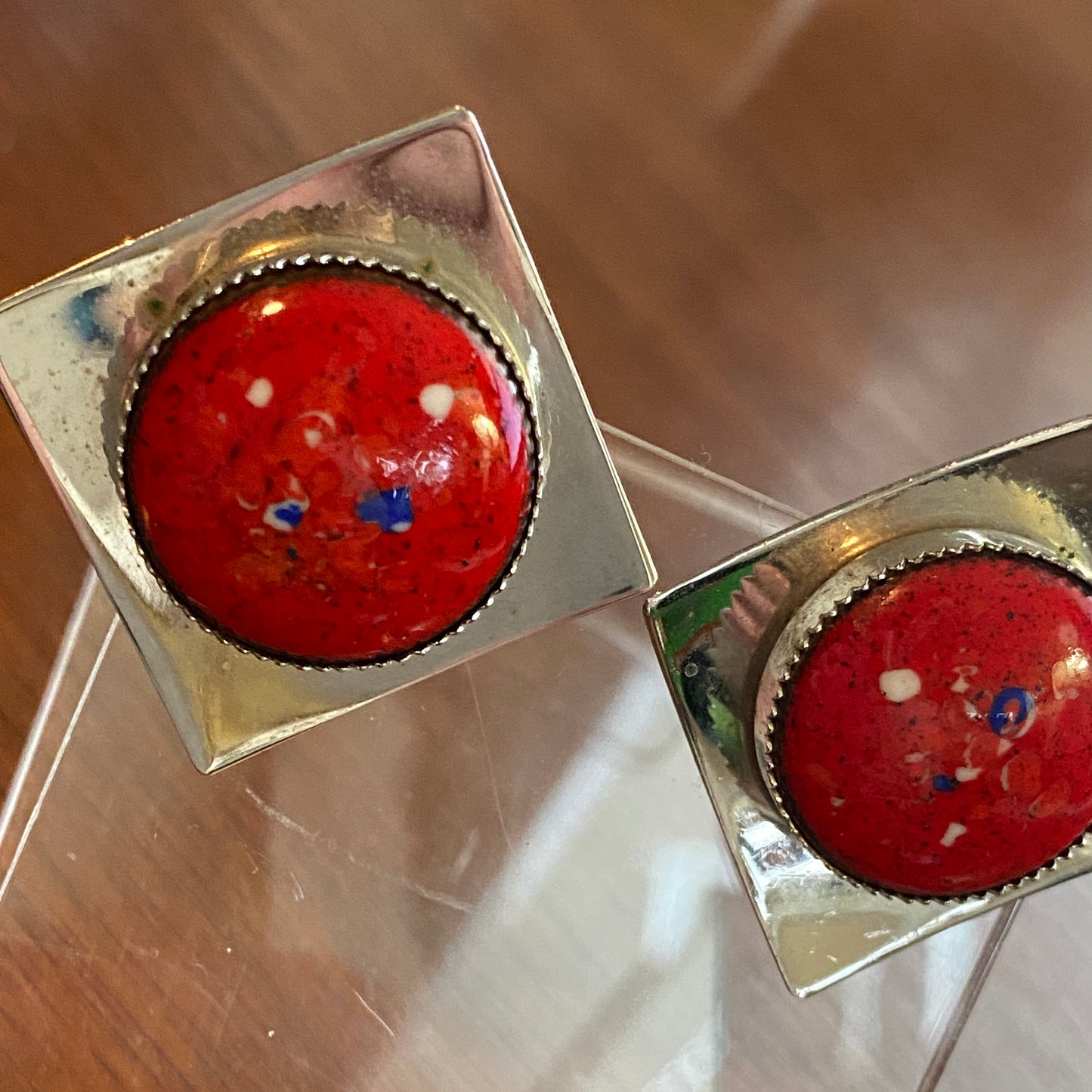 Vintage 80's Silvertone Square Copper Enamel Domed Clip on Earrings