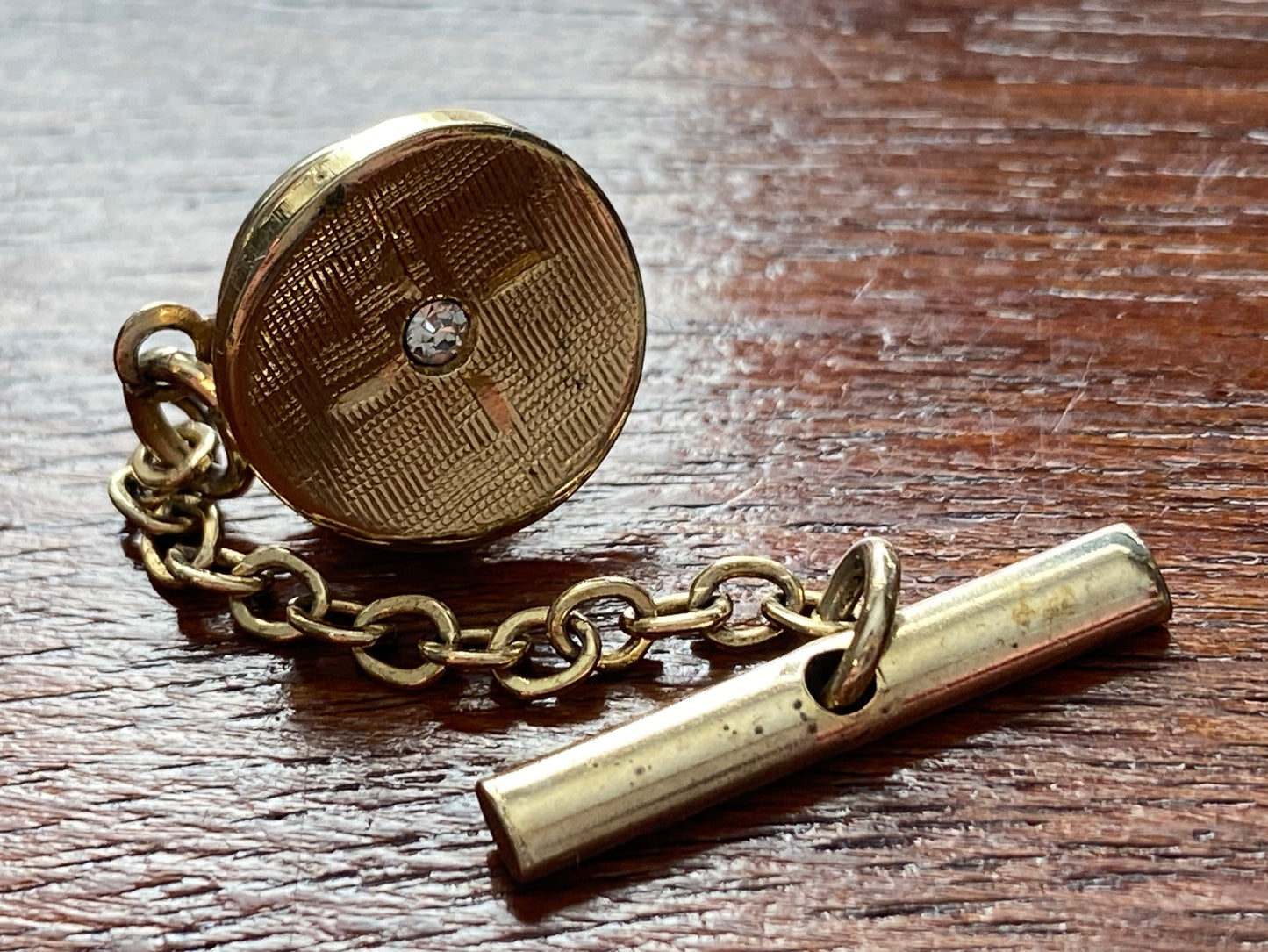 Vintage Textured MCM Midcentury Gold Tone Rhinestone Tie tack