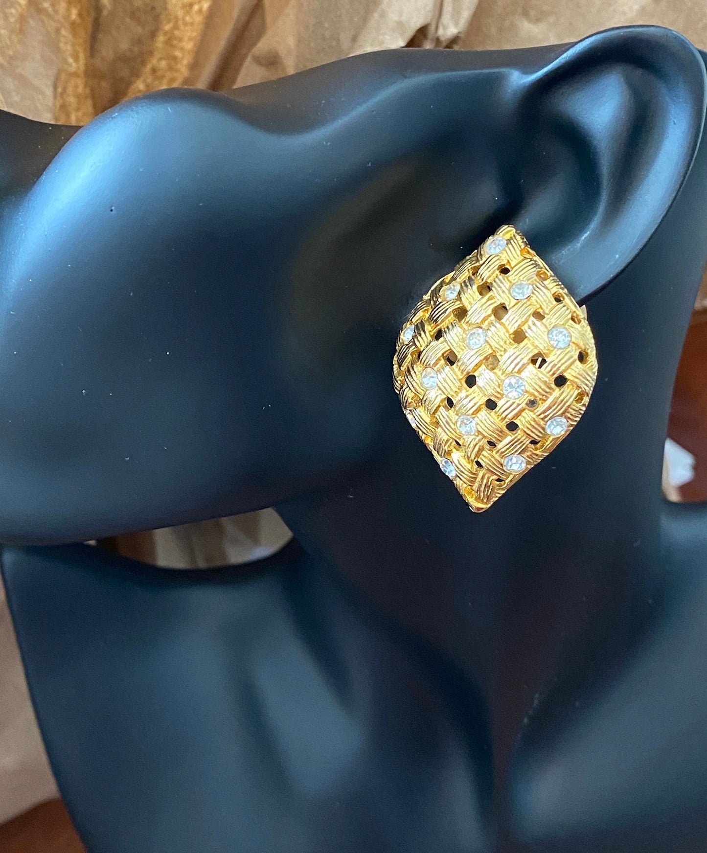 Vintage 80's Large Gold Tone Basket Weave Rhinestone Clip on Earrings