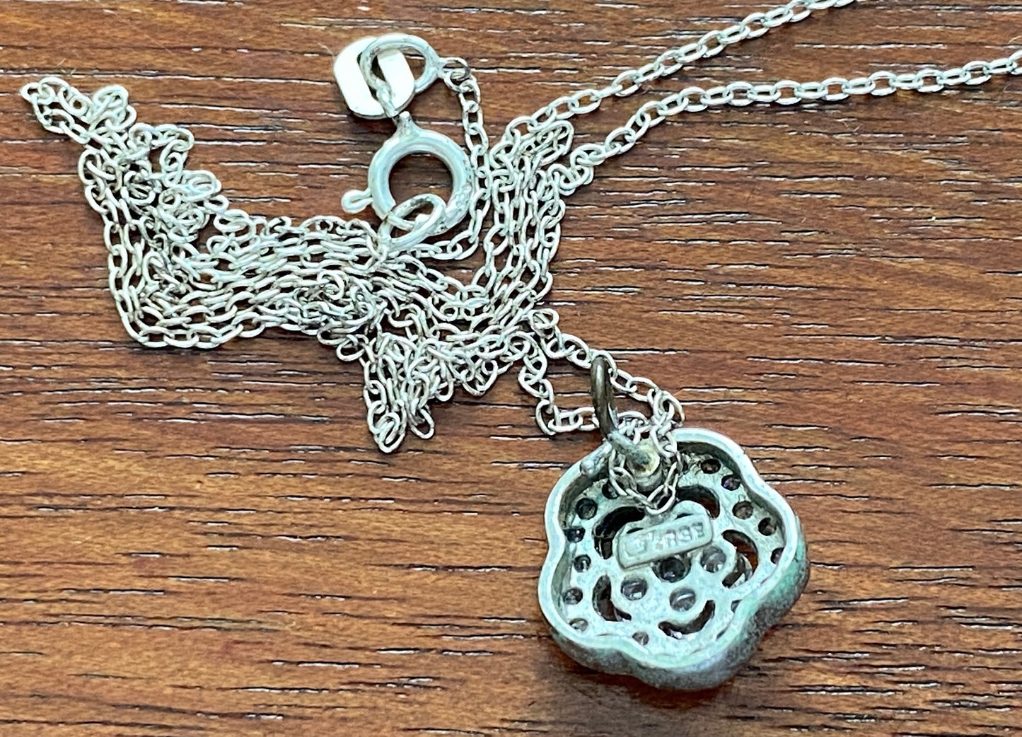 Sterling Silver Chain Link Necklace w Cluster Flower CZ Pendant