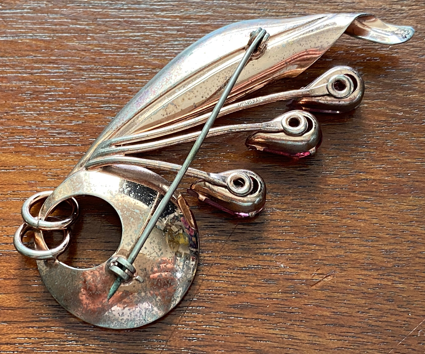 Vintage Large Sterling Silver Rose Gold Plated Pink Rhinestone Flower Brooch Pin