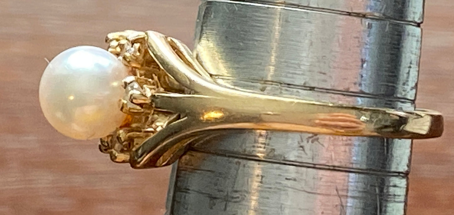 14k Yellow Gold 6mm Pearl Diamond Accent Ring Sz 6 Signed CF