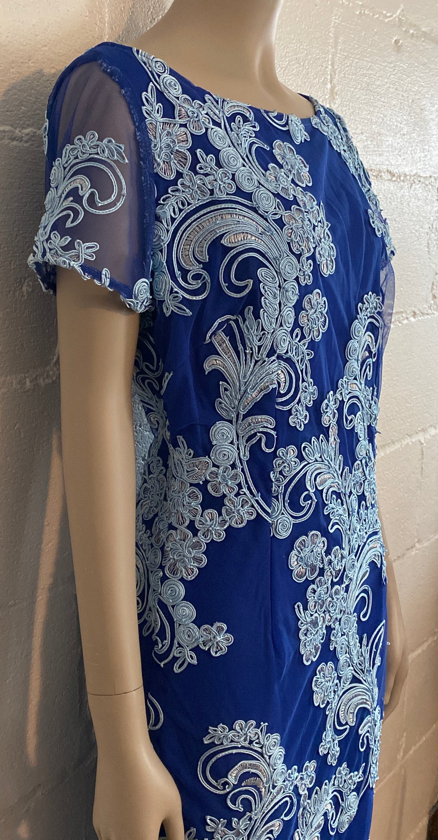 JS Collection Soutache Trim Embroidered Two Tone Blue Dress Sz 8