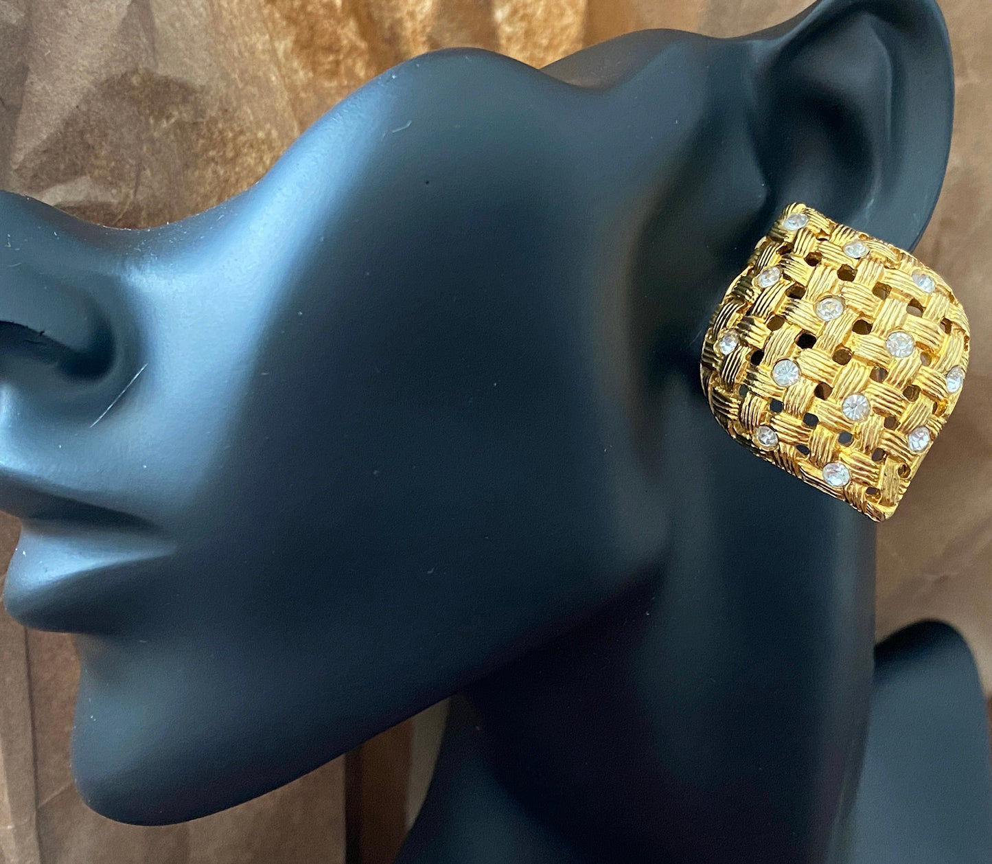 Vintage 80's Large Gold Tone Basket Weave Rhinestone Clip on Earrings