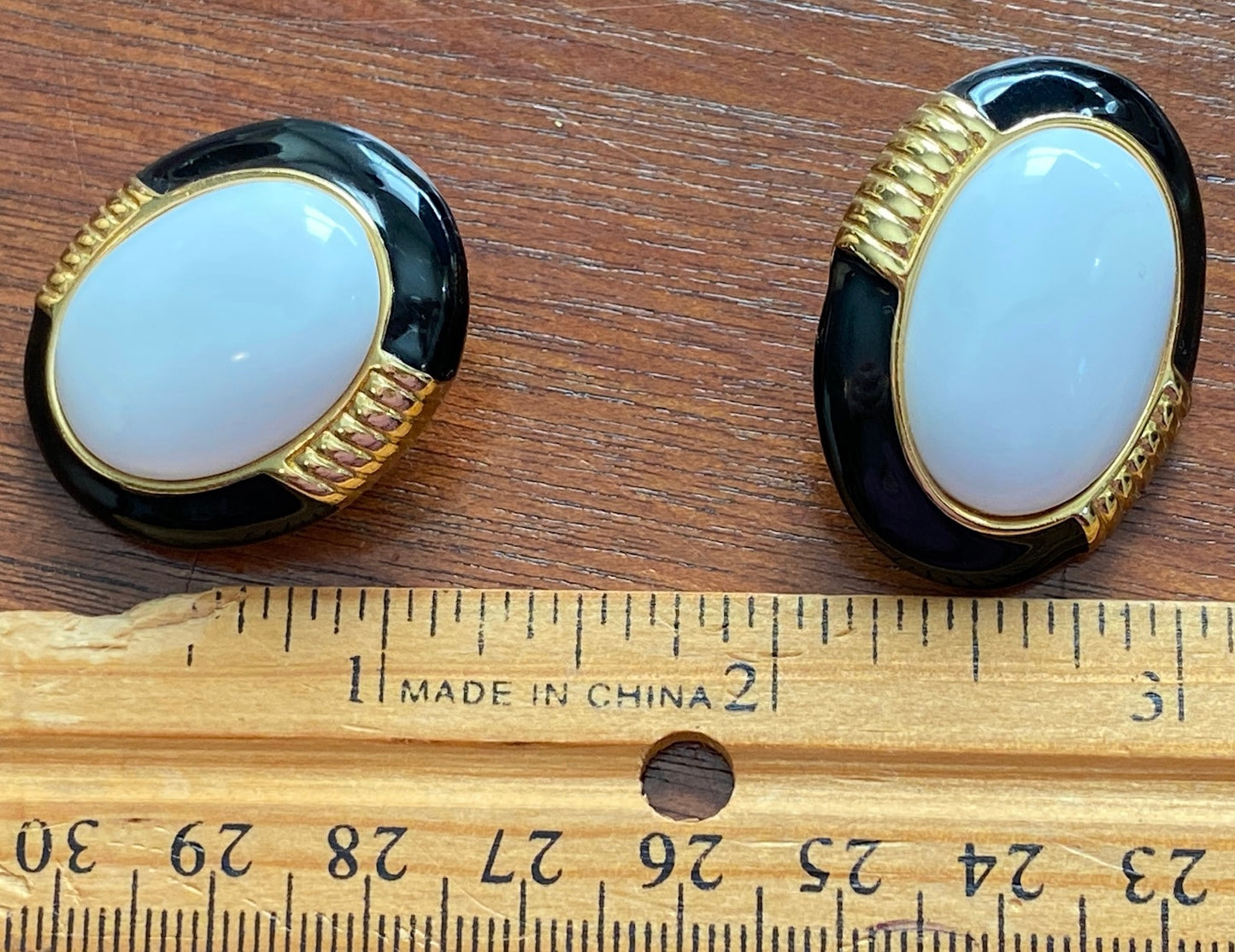 Vintage 80's Monet Black White Gold Clip on Earrings Cabochon