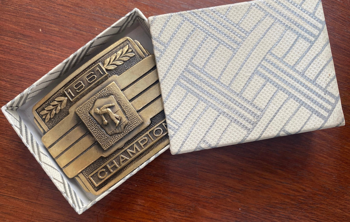 1961 Brass Bowling Champion Belt Buckle w Box