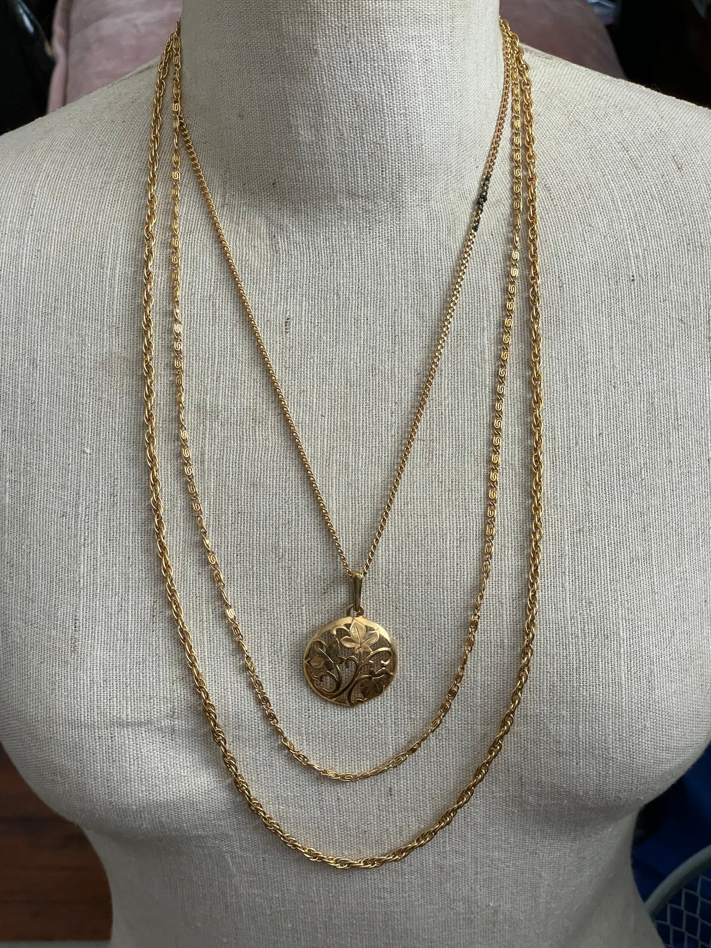 Vintage Multi Strand Goldtone Chain Necklace Floral Pendant