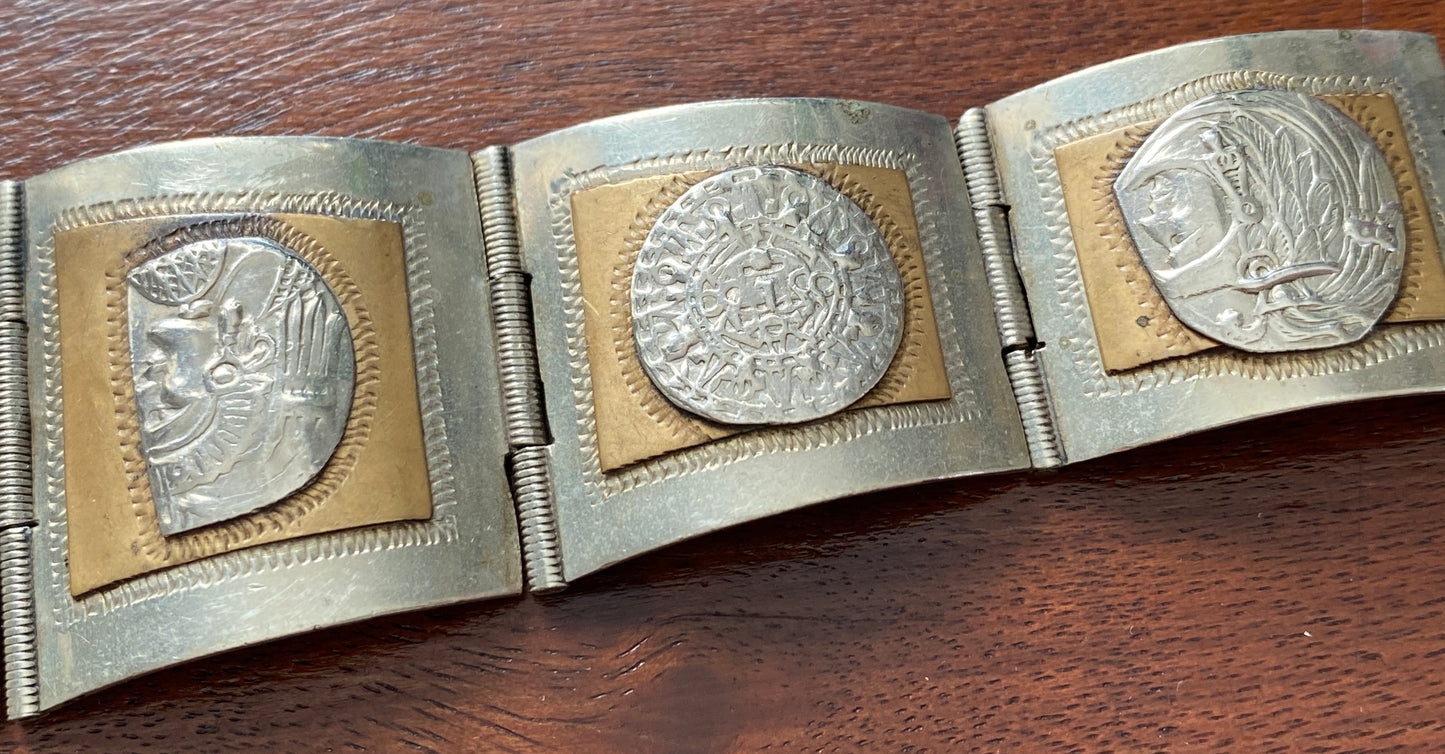 Vintage Taxco Mexico Sterling Silver Aztec Mayan Copper Panel Link Bracelet