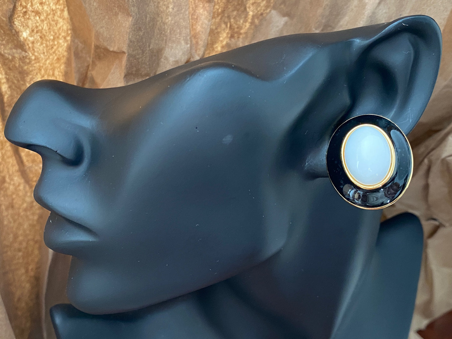 Vintage Monet Gold Tone Black White Cabochon Oval Clip On Earrings