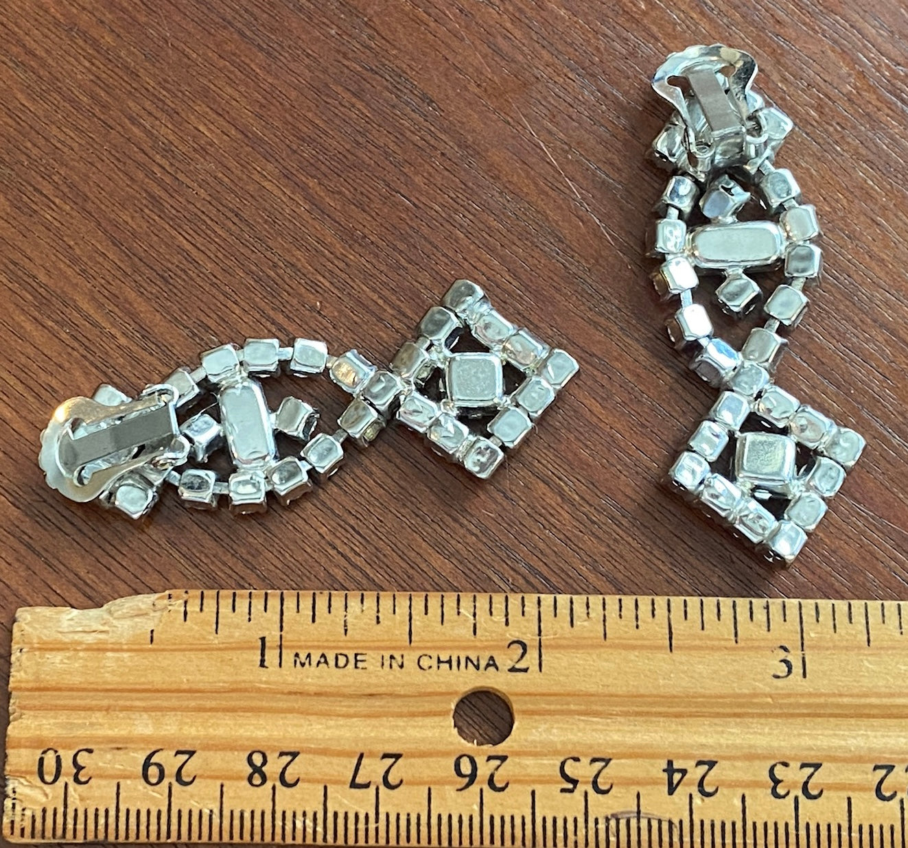 Vintage Silver Tone Round Baguette Rhinestone Dangly Clip on Earrings