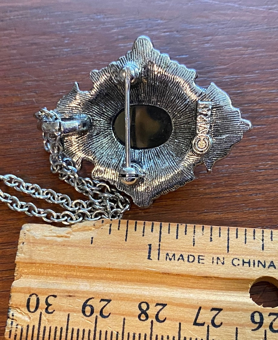 Vintage Victorian Style Sarah Coventry Gray Cabochon Pendant Necklace Silver Tone