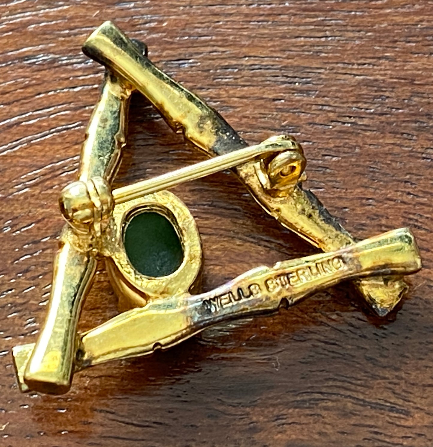 Vintage 1940s Wells Sterling Silver 925 Gold Plate Jade Cabochon Bamboo Brooch Pin