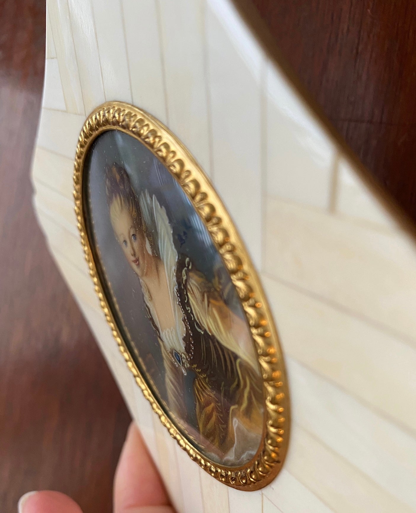 Antique Miniature A Study Fragonard Portrait Faux Ivory Bone Frame