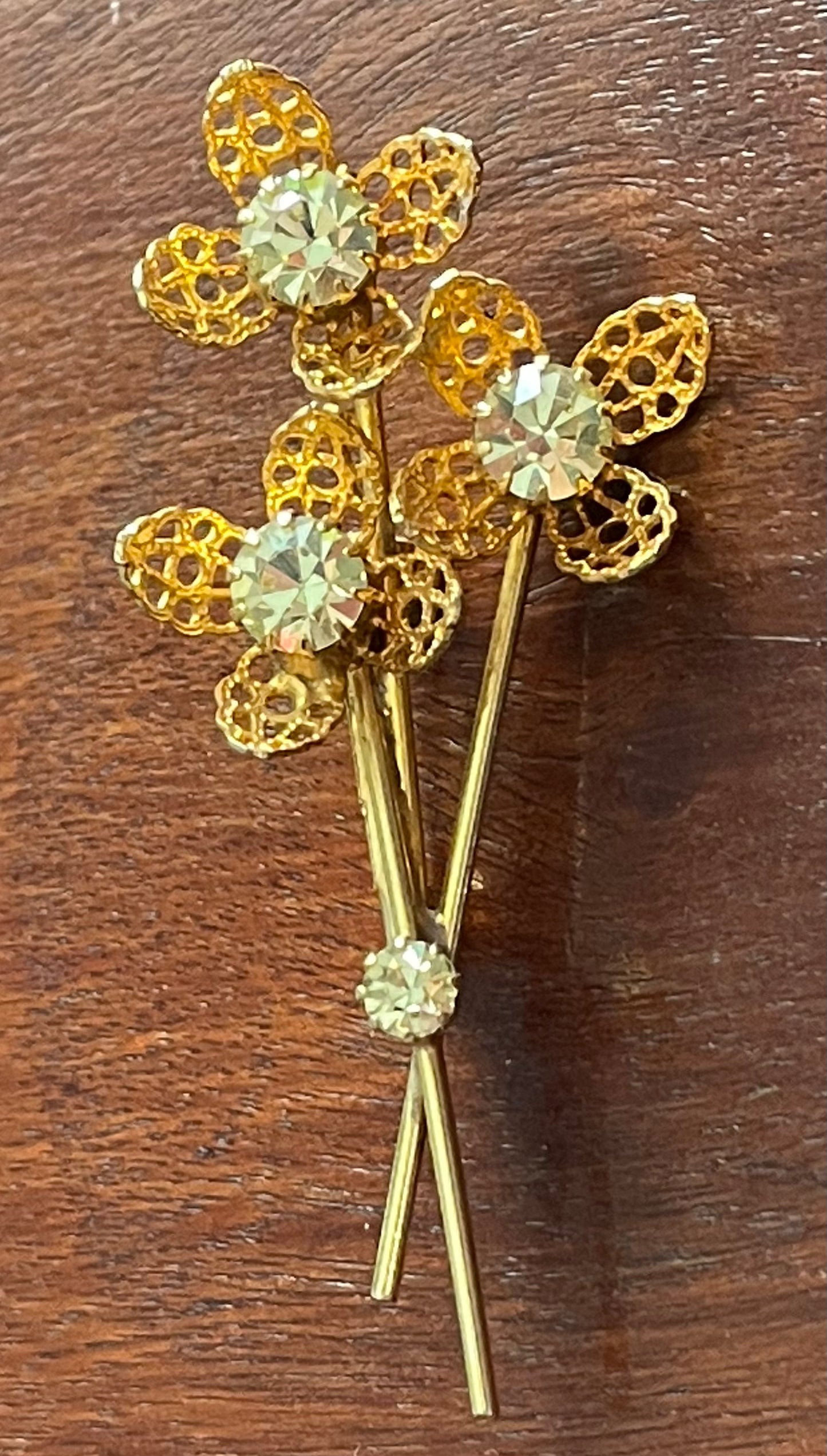 Vintage Gold Tone Metal Flower Brooch Pin w Green Rhinestones Stones