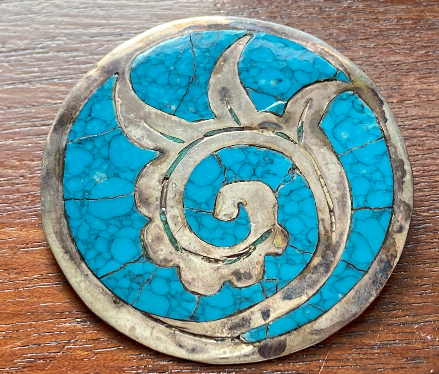 Sterling Silver 925 Turquoise Round Brooch Pendant Signed