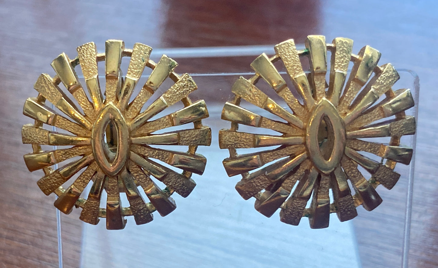 Vintage Signed Trifari Two Tone Gold Metal Domed Clip on Earrings