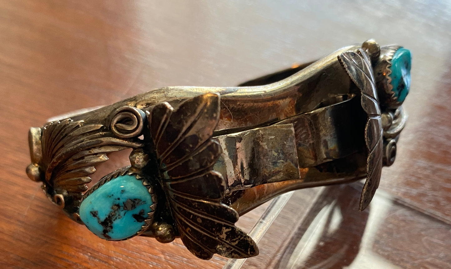 Vintage Old Pawn Navajo Turquoise Sterling Silver WATCH CUFF Bracelet JJ