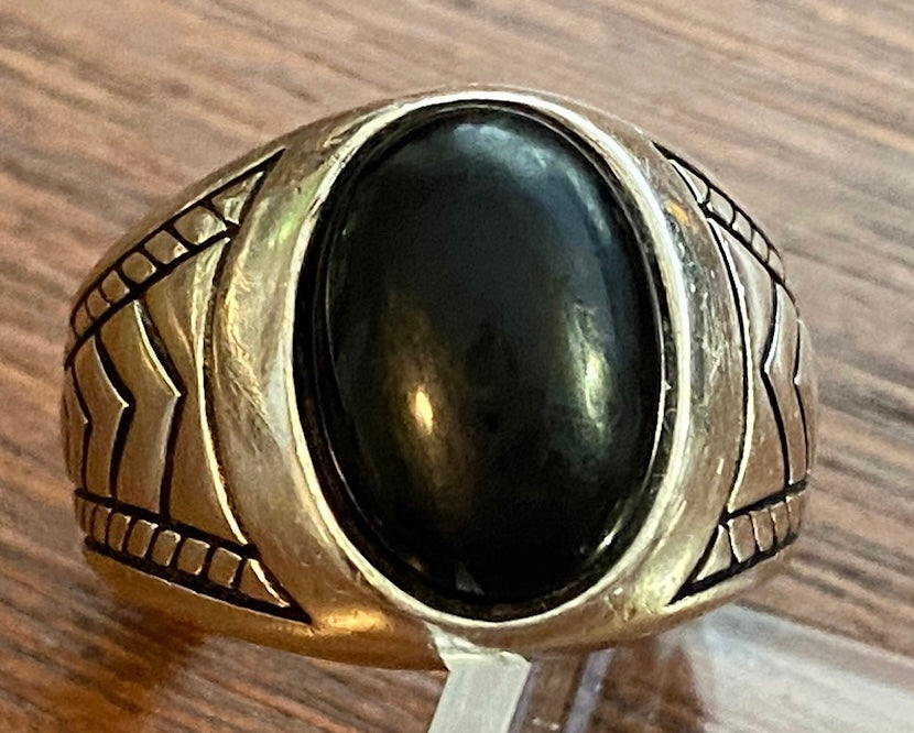 Sterling Silver 925 Onyx Signet Ring Sz 8.75 Chevron Pattern