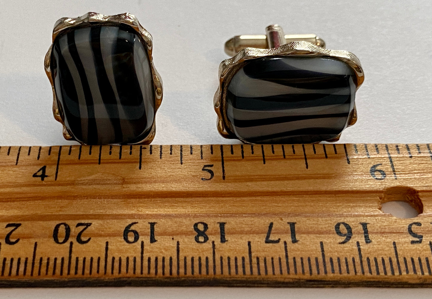 Vintage Dante Black Frost Striped Art Glass Silver Tone Cuff Links