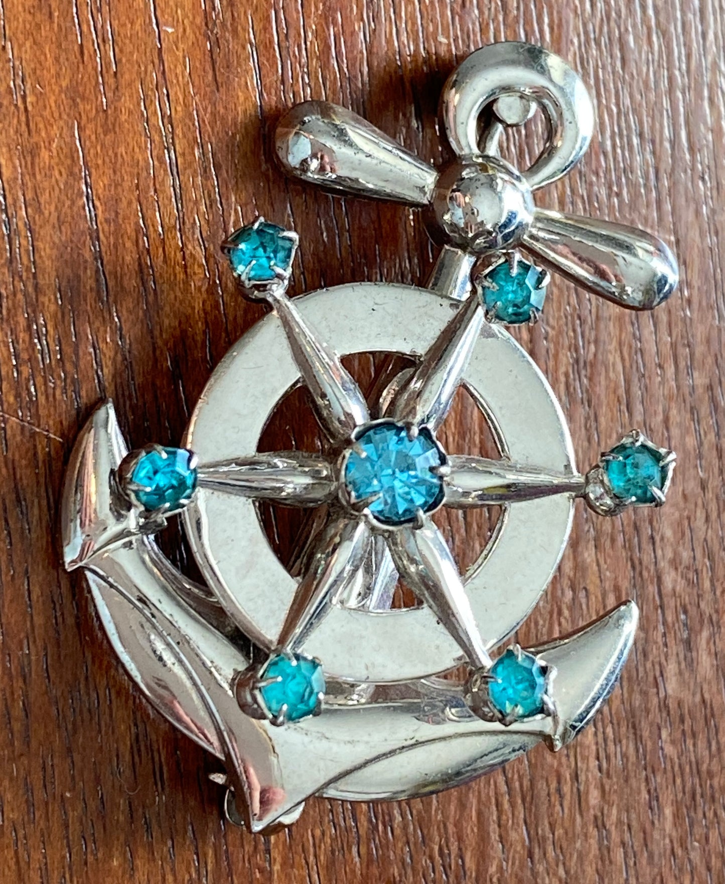 Vintage Sterling Silver 925 Aquamarine Nautical Anchor Ship Wheel Brooch Pin