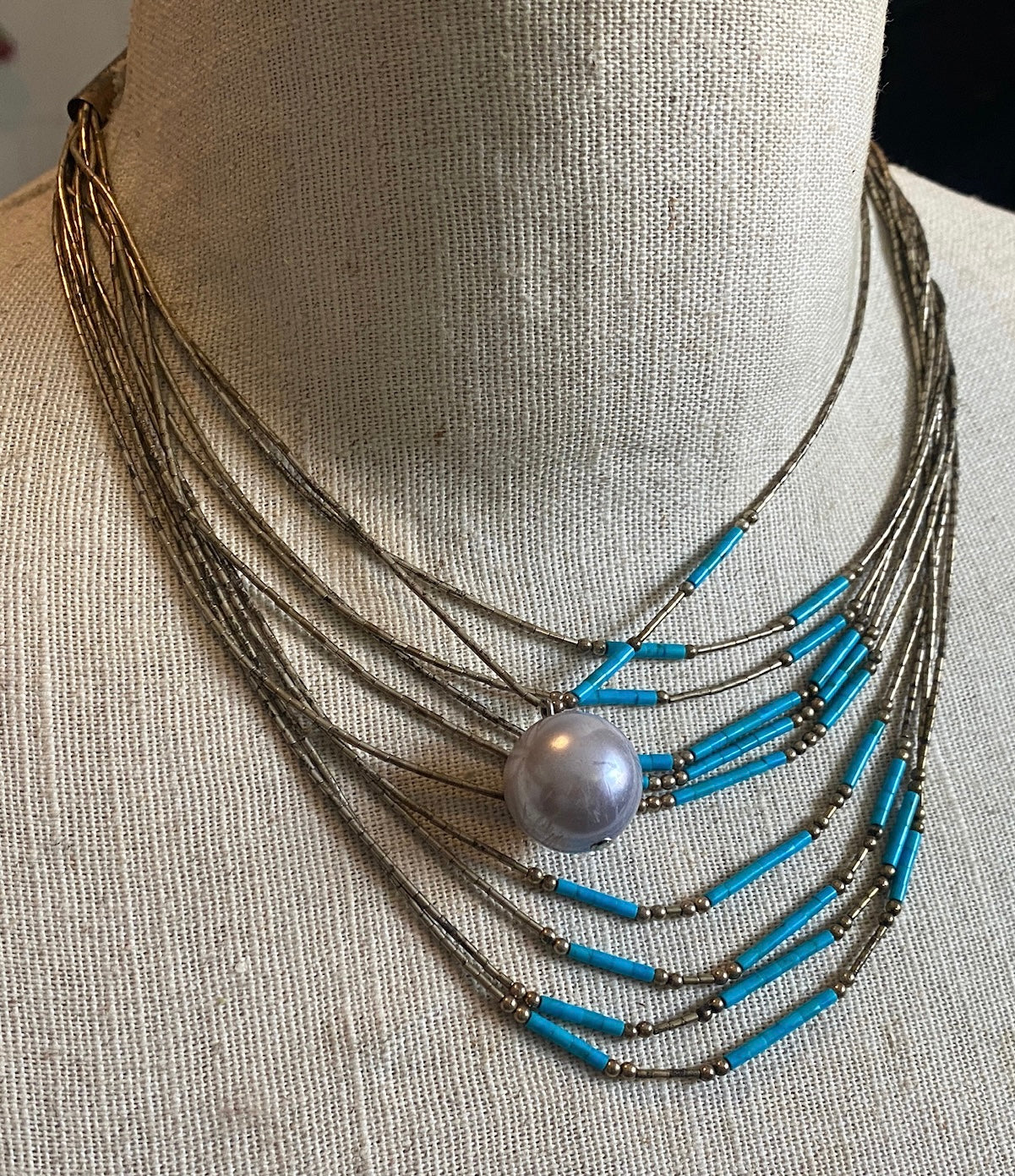 Silvertone Metal Faux Turquoise Pearl Mesh Multistrand Necklace