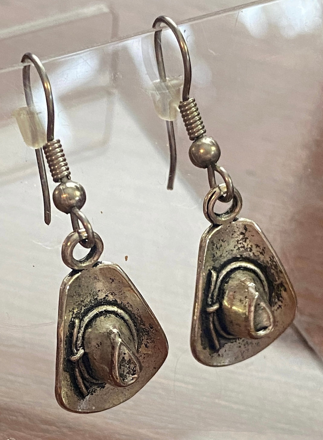 Silver Tone Metal Cowboy Hat Drop Dangly Pierced Earrings