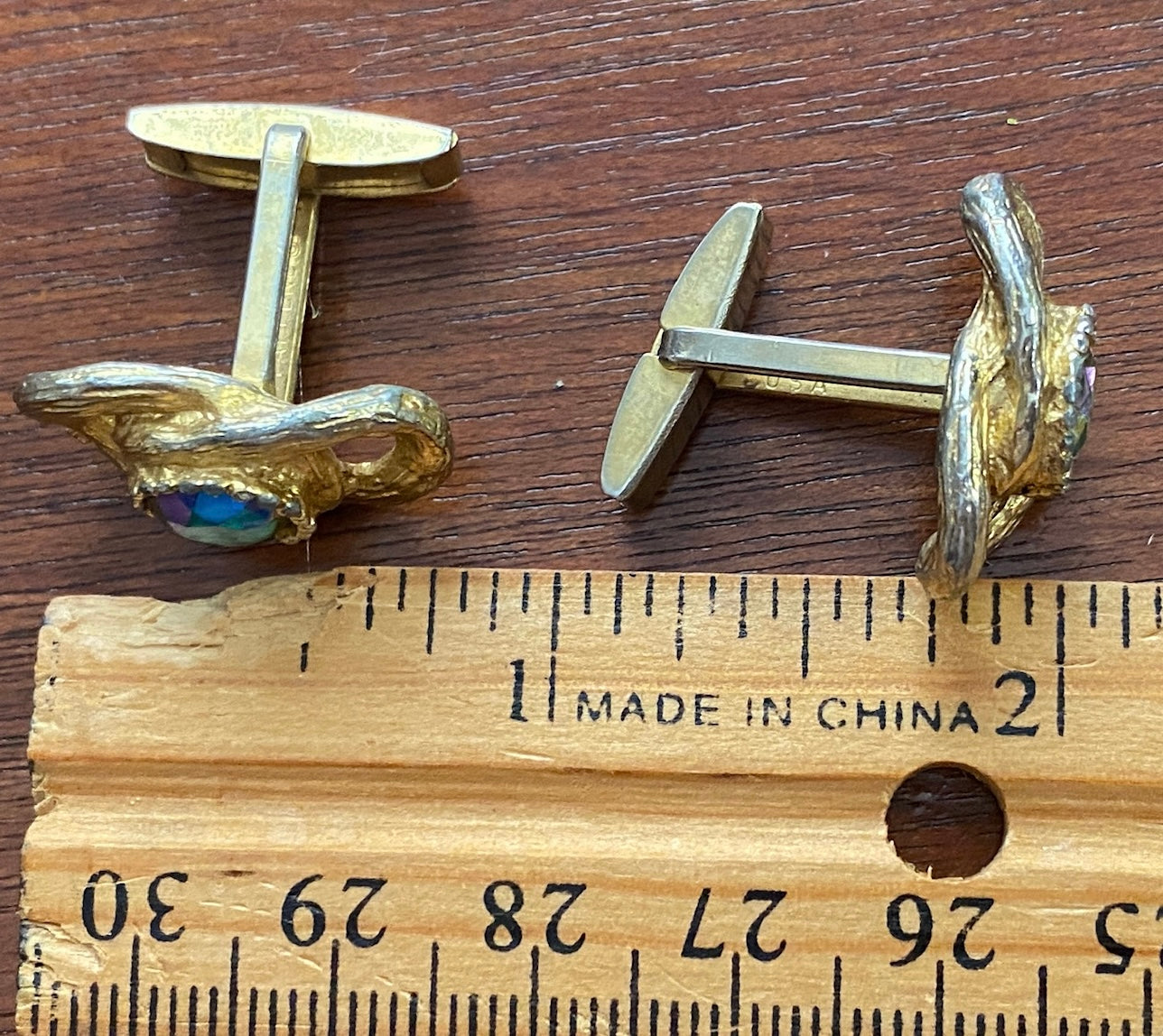 Vintage Gold Tone Ab Aurora Borealis Rhinestone Cufflinks Marked USA