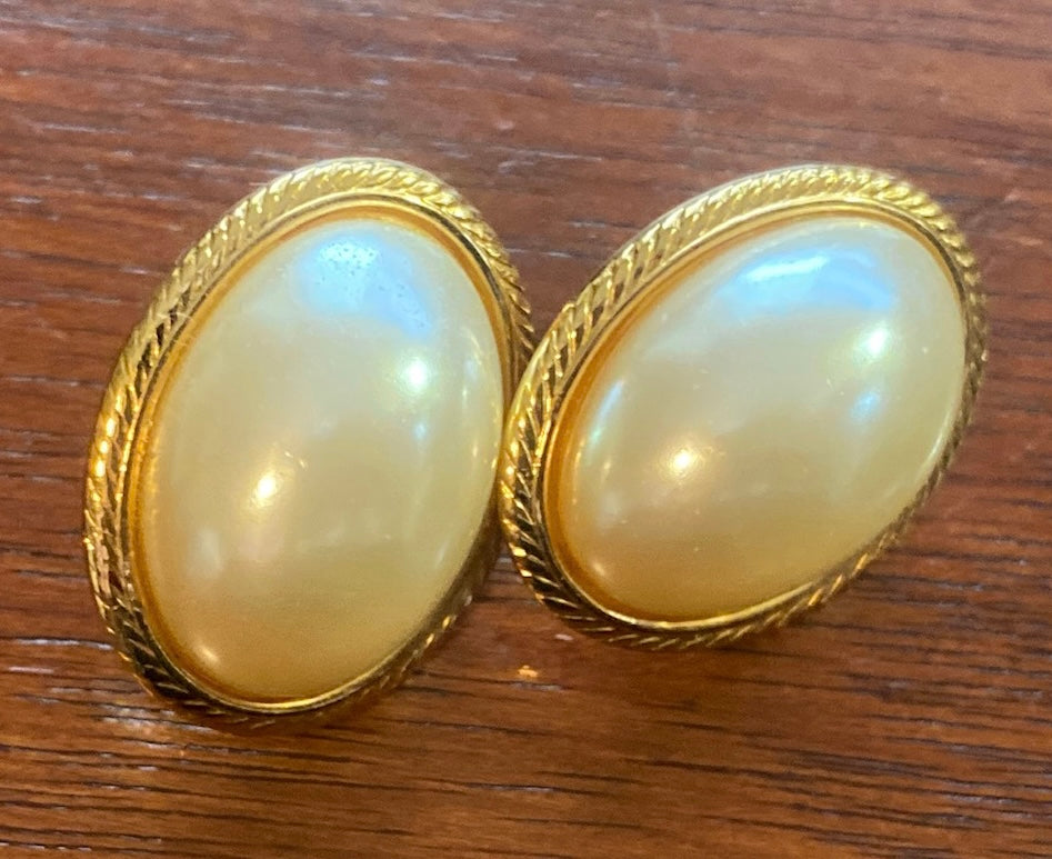 Vintage Napier Faux Pearl Cabochon Gold Tone Domed Pierced Earrings