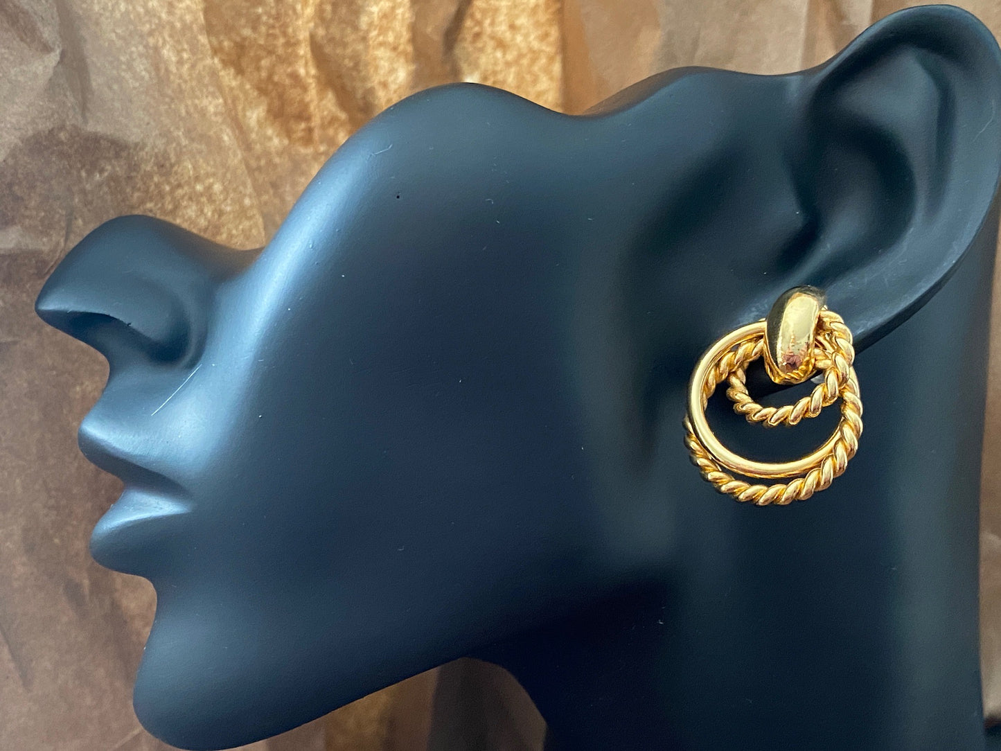 Vintage Gold Tone 80's Rope Twist Drop Pierced Earrings