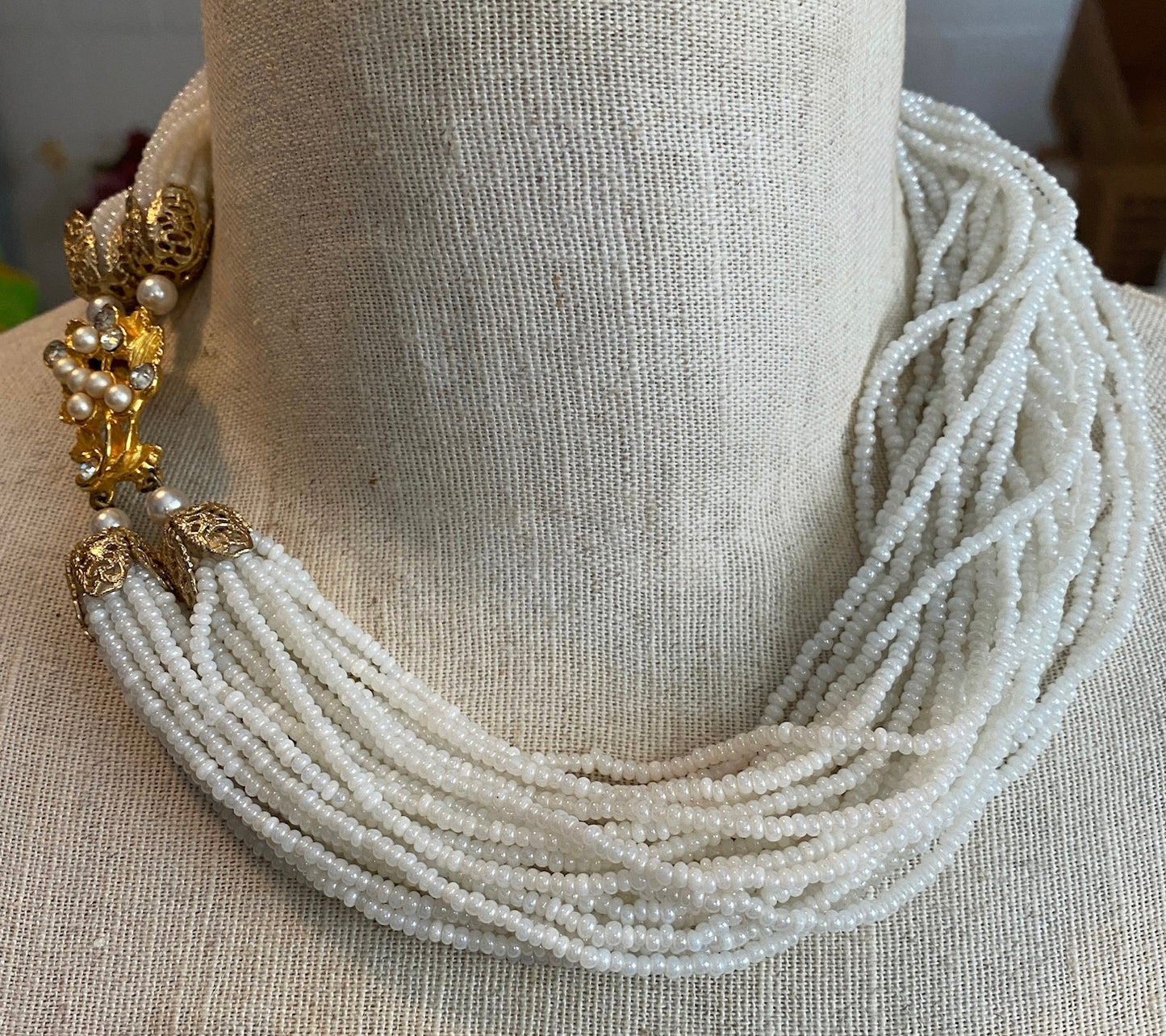 Vintage Multistrand Seed Bead Gold Tone Rhinestone Collar Statement Necklace