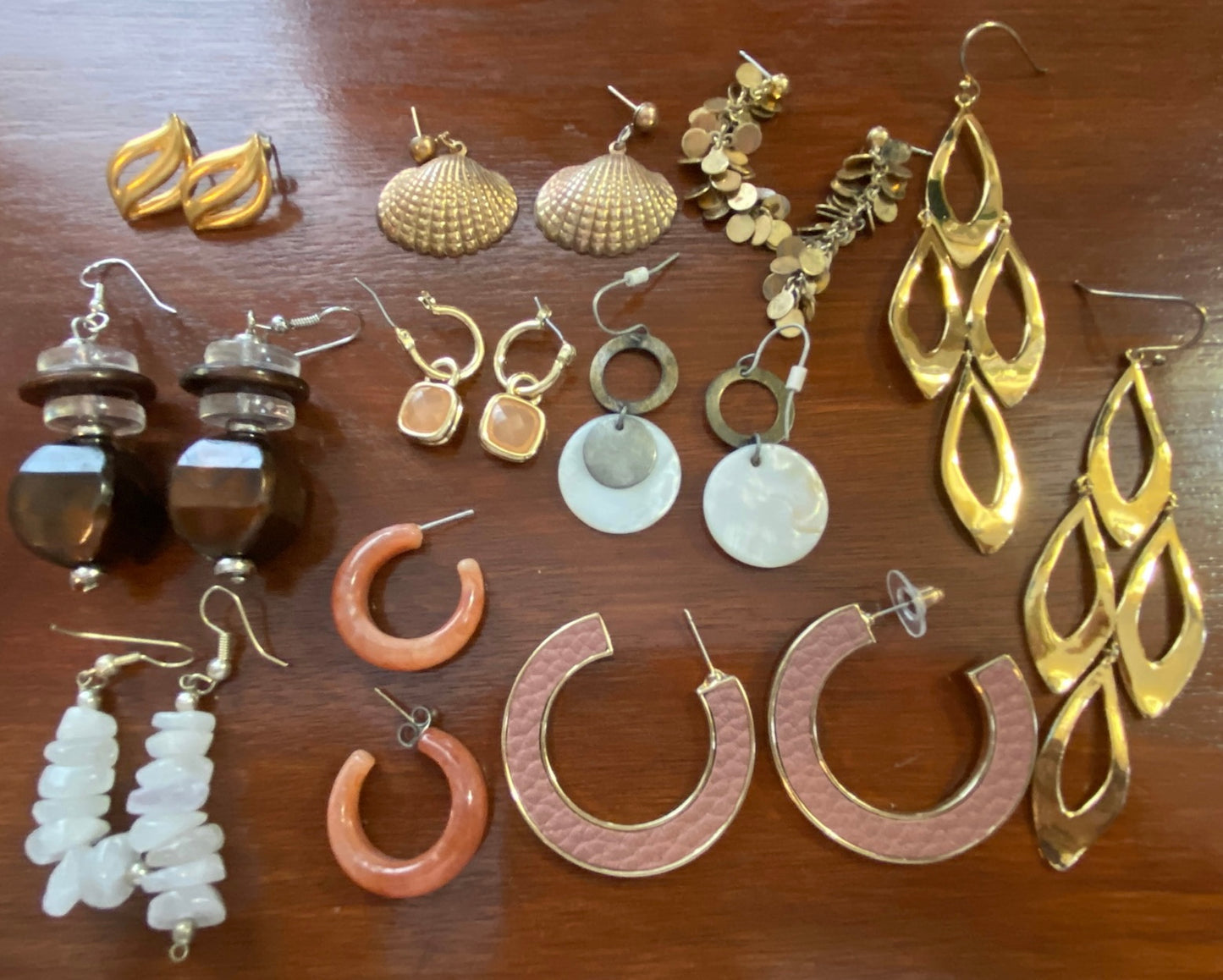 Lot of 10 Pairs Pierced Earrings Earth Tones Vintage Now Shell Gold Hoop Dangly