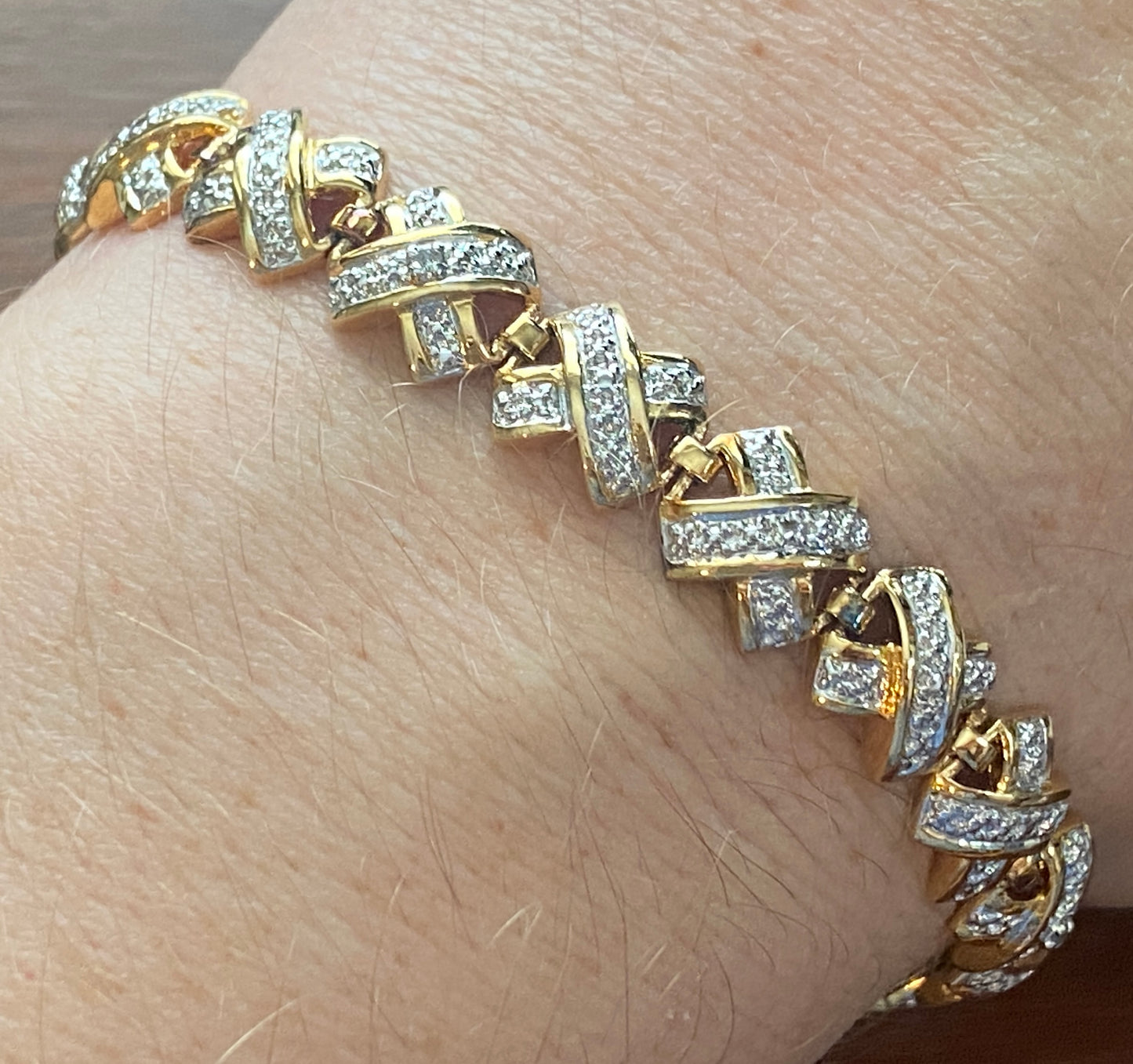 Sterling Silver 925 Gold Plate Cross X Tennis Bracelet 7.5" Long