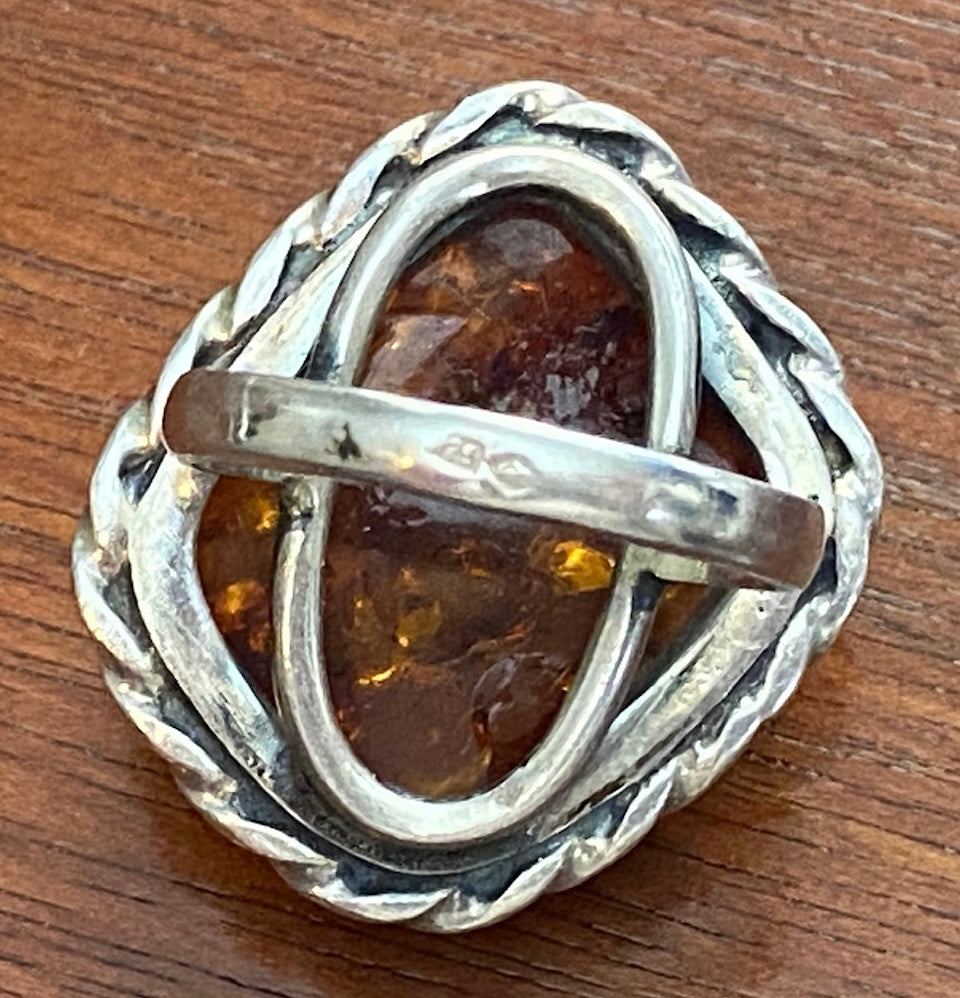 Sterling Silver 925 Heavy Amber Cabochon Rope Edge Ring Signed PS Sz 8