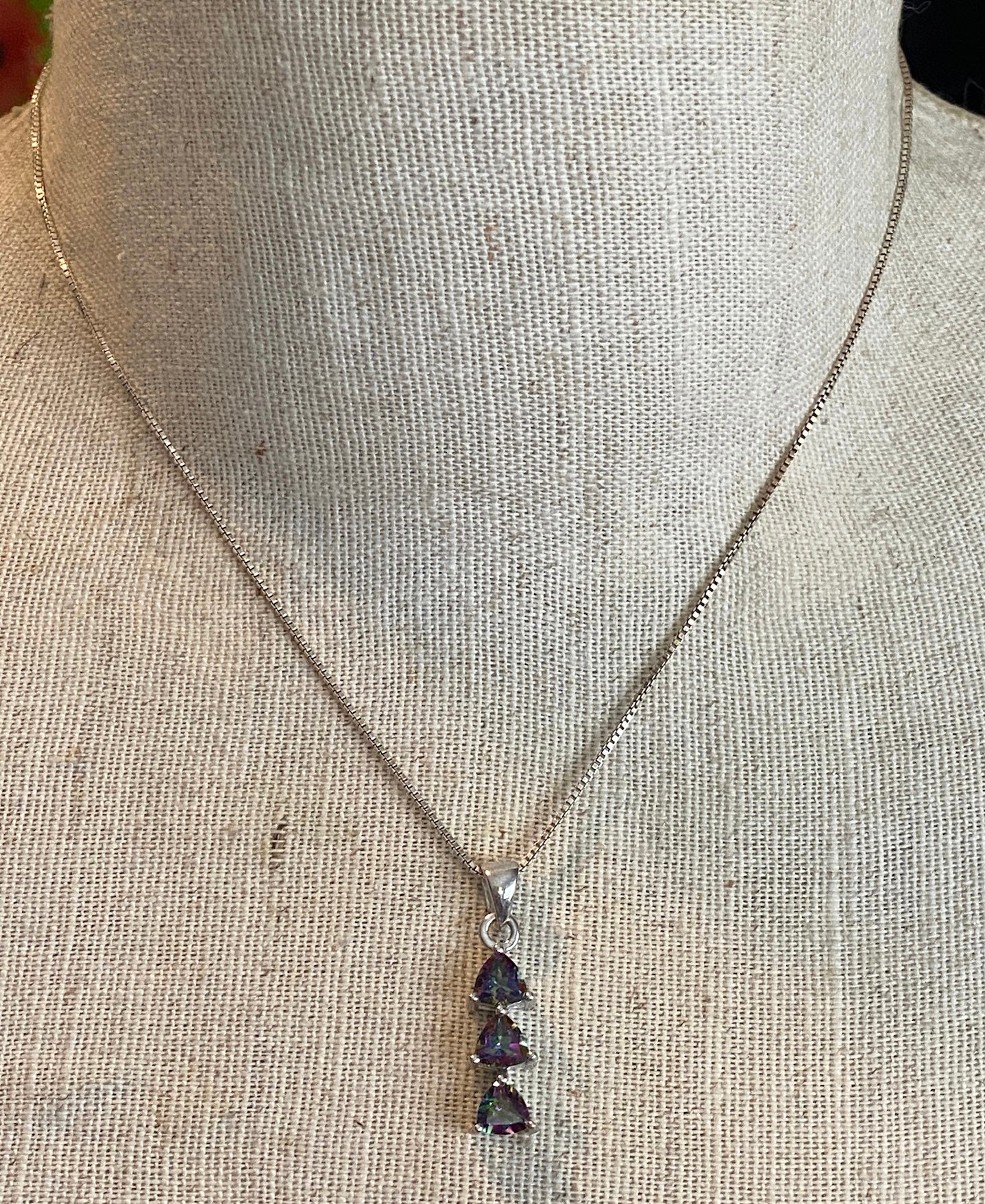 Sterling Silver Box Chain w AB Aurora Borealis Pendant Necklace